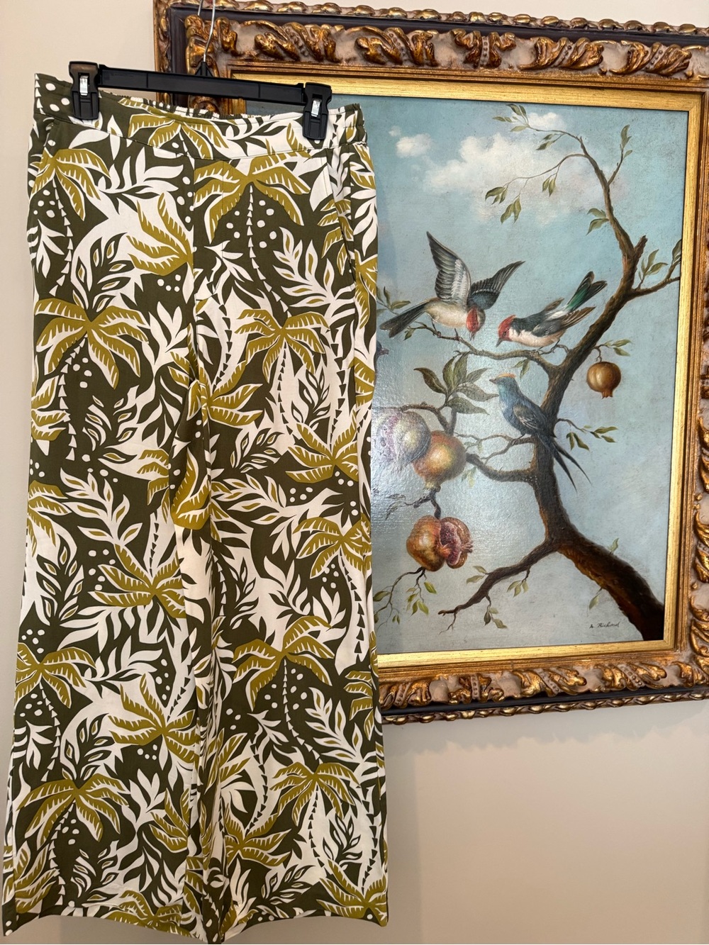 Old Navy Olive, White & Mustard Botanical Wide-Legged Pants